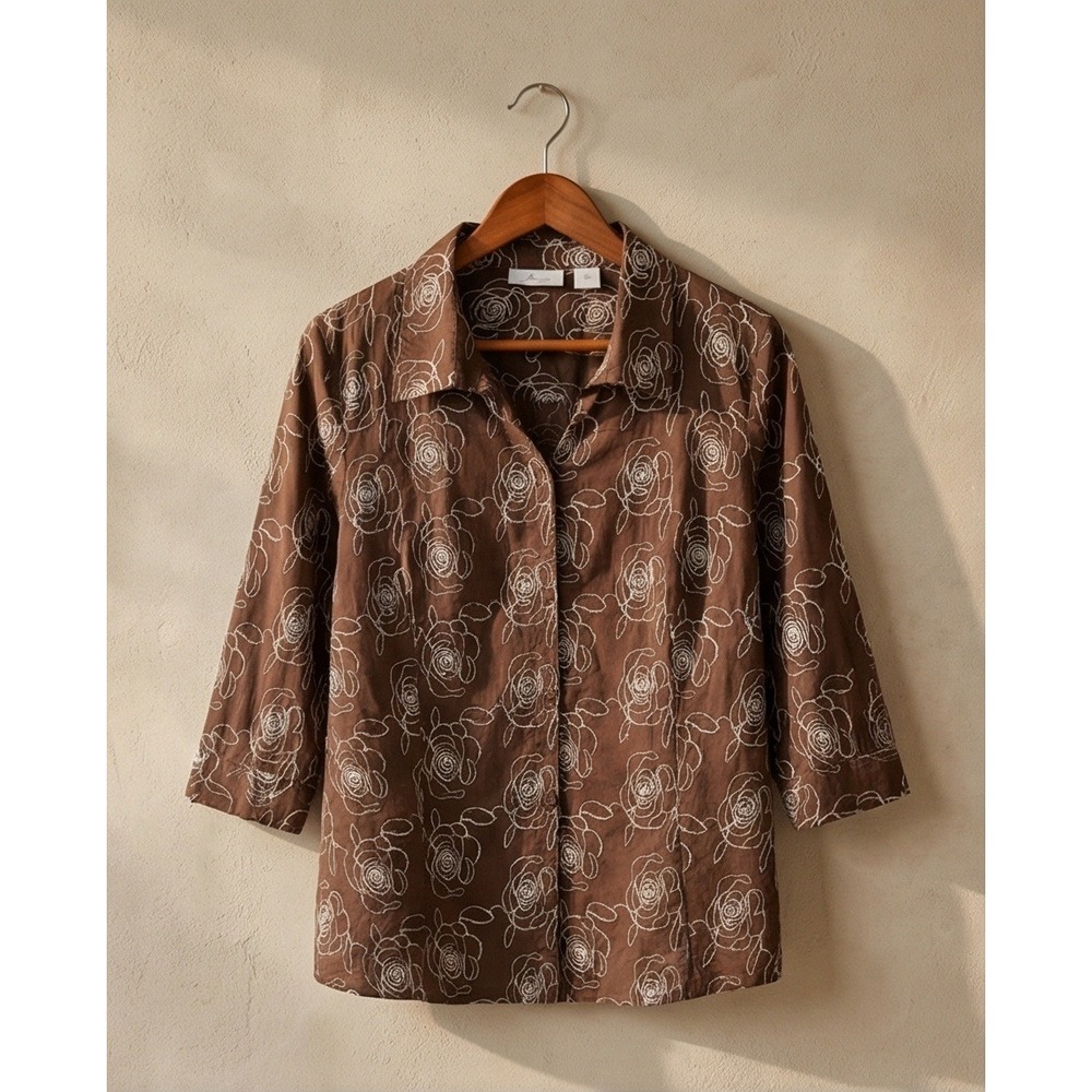 JH Collectibles 3X Brown Floral Embroidered Button Down 3/4 Sleeve Top NWOT